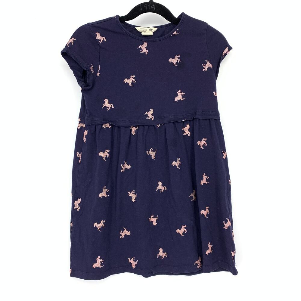 H&M Sleeveless A-Line Dress Girls 6X Navy Pink Glitter Unicorn Print 100% Cotton